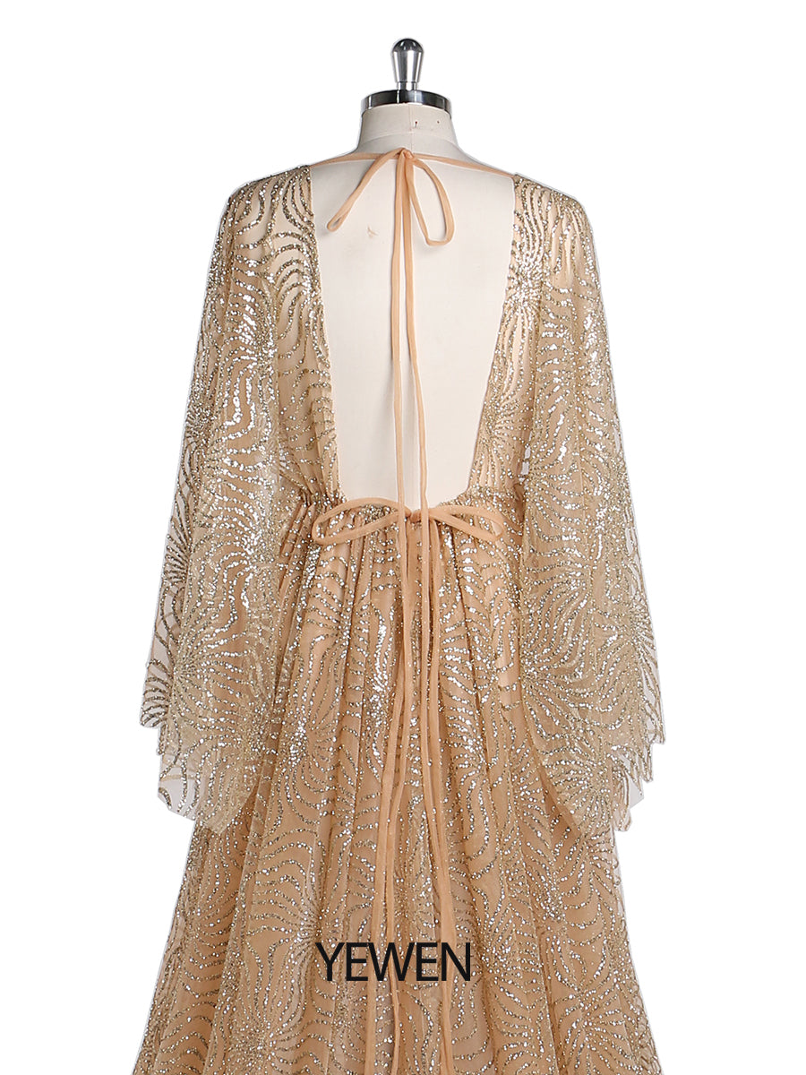 gold baby shower dress Momyknows Golden Pleated Side Slit Open Back Maternity Maxi Dress, Golden / M Solid color Neckline HOT ! Rose Gold Pink