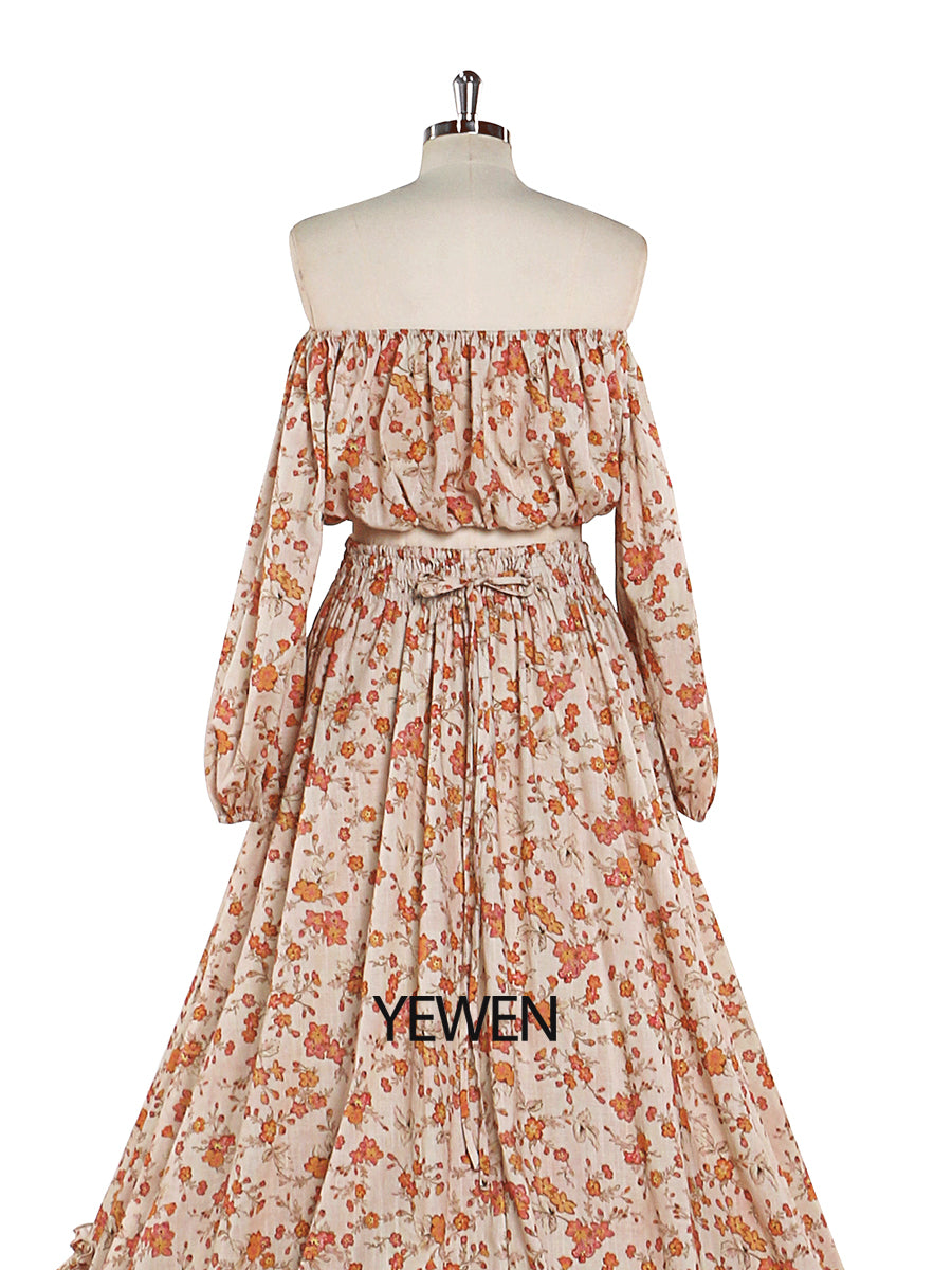 Elegant Piece Set Floral Print Cotton Fabric Woman Maxi Dresses