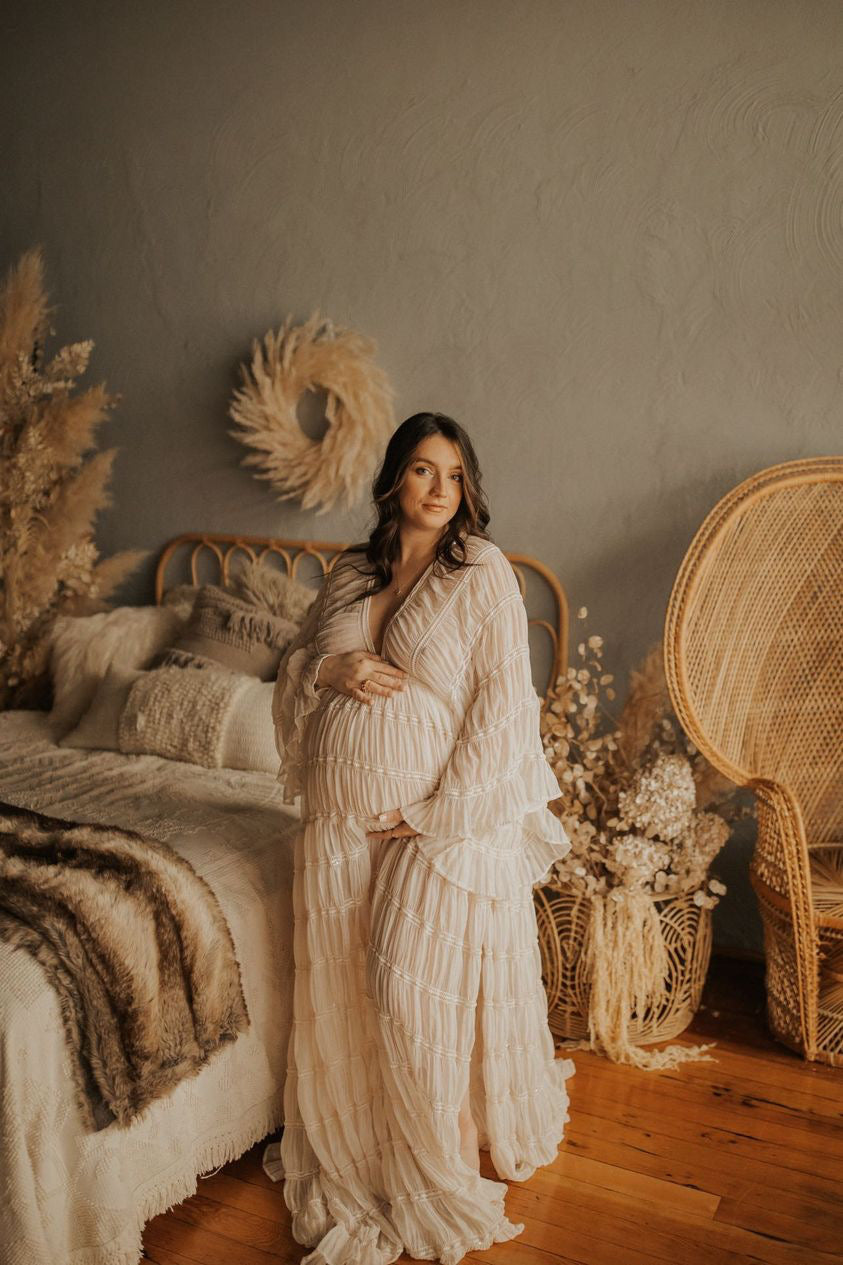 2 Pieces Maternity Dress Maternity Photoshoot Bohemian Dress with Slip 16 / Cream 2 Pieces Maternity Dress Maternity Photoshoot Bohemian Dress with Slip 16 / Cream