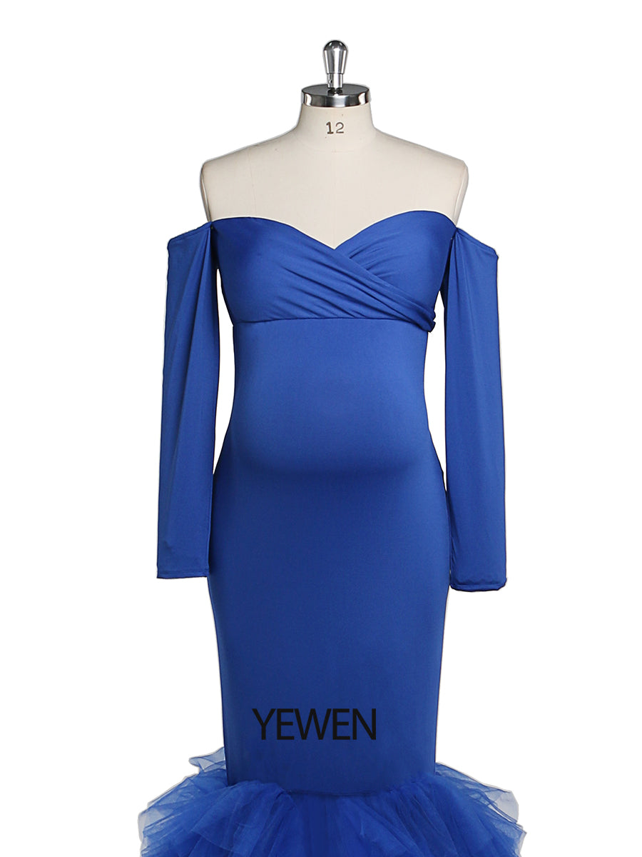 Off Shoulder Royal Blue Mermaid Maternity Dress Gown For Baby Shower Photography 2 / Custom Color Off Shoulder Royal Blue Mermaid Maternity Dress Gown For Baby Shower Photography 2 / Custom Color