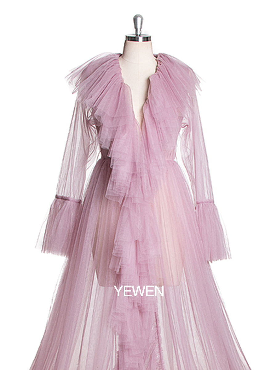 V Neck Maternity Dress Flare Sleeve Ribbon Maxi Dress