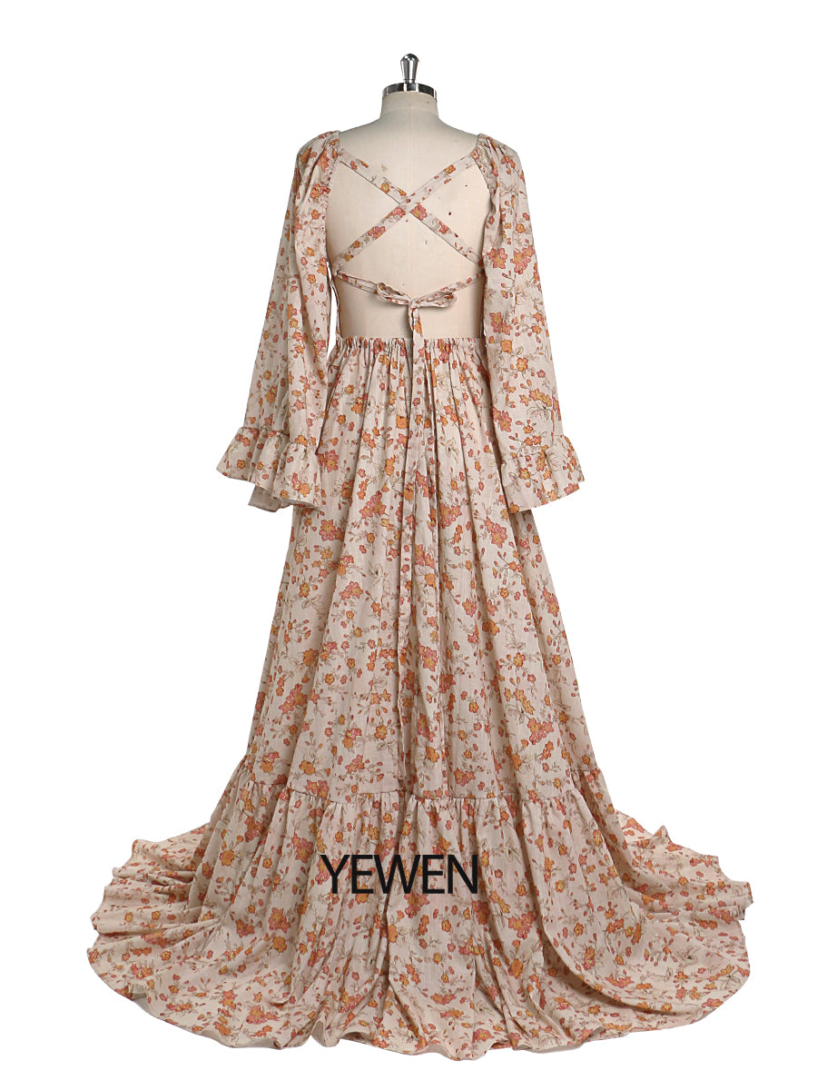 Elegant Cotton Floral Print Woman Maxi Dress Boho Beach Gown Adjustab 18W / Picture Color Elegant Cotton Floral Print Woman Maxi Dress Boho Beach Gown Adjustab 18W / Picture Color