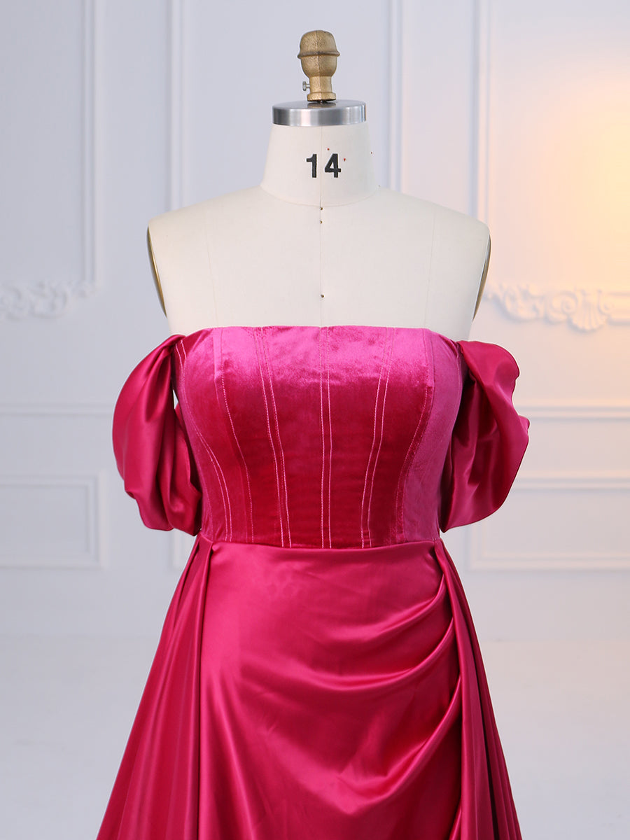 Short Sleeves Off Shoulder Flowy Satin Prom Dress Photoshoot Dress YW231079 Short Sleeves Off Shoulder Flowy Satin Prom Dress Photoshoot Dress YW231079