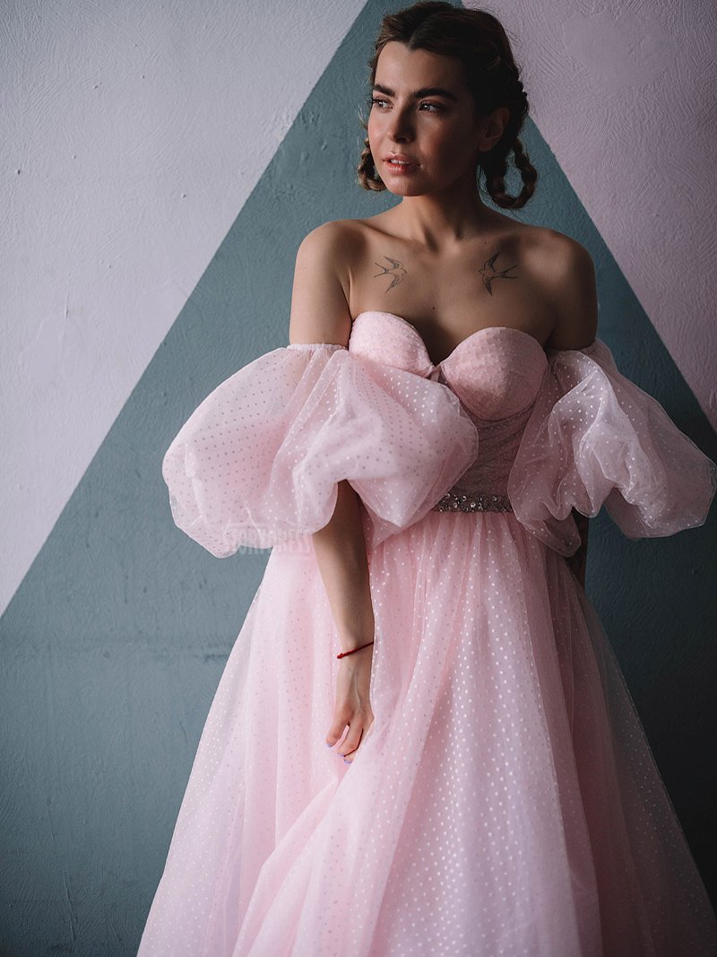 Plus Size Off Shoulder Puff Sleeve Polka Dot Pink Prom Dress Photo Shoot Dress 4 / Light Pink Color 4 Plus Size Off Shoulder Puff Sleeve Polka Dot Pink Prom Dress Photo Shoot Dress 4 / Light Pink Color 4
