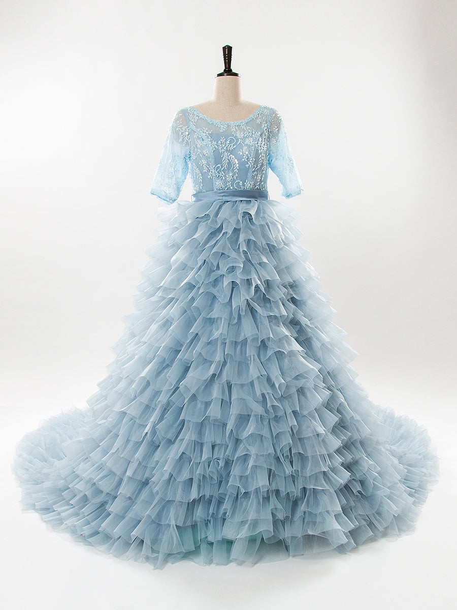 Light Blue Organza Ruffles Lace Long Sleeve Maternity Dress for Photoshoot 24W / B115 Light Blue Organza Ruffles Lace Long Sleeve Maternity Dress for Photoshoot 24W / B115