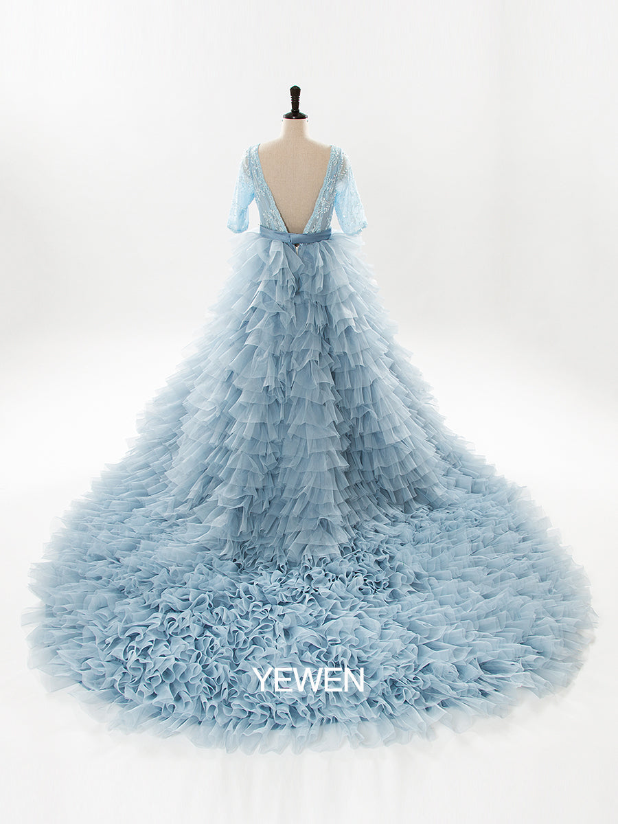 Light Blue Organza Ruffles Lace Long Sleeve Maternity Dress for Photoshoot 24W / B115 Light Blue Organza Ruffles Lace Long Sleeve Maternity Dress for Photoshoot 24W / B115