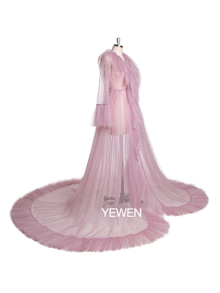 V Neck Maternity Dress Flare Sleeve Ribbon Maxi Dress