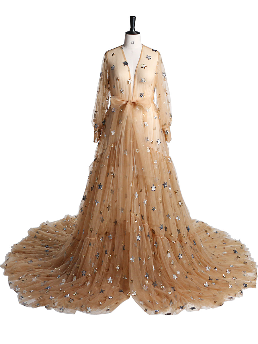 Elegant Sparkle Stars Maternity Robe Full Sleeves See Through Photo S 8-10 / Champagne