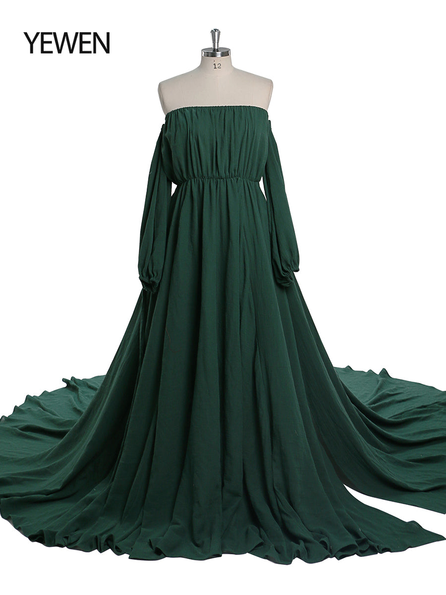 Off Shoulder Cotton Evening Dresses Long Sleeves Side Slit Photo Shoo 16-16W / E83