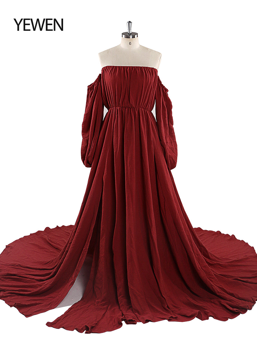 Off Shoulder Cotton Evening Dresses Long Sleeves Side Slit Photo Shoo 24W / E97 Off Shoulder Cotton Evening Dresses Long Sleeves Side Slit Photo Shoo 24W / E97