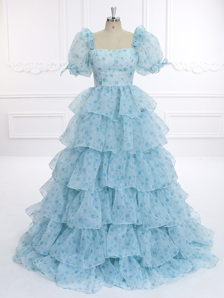 New Blue Printing Layered Ruffles Floral Prom Gown Evening Party Dress Photo Shoots Dress Outfits yewendress New Blue Printing Layered Ruffles Floral Prom Gown Evening Party Dress Photo Shoots Dress Outfits yewendress