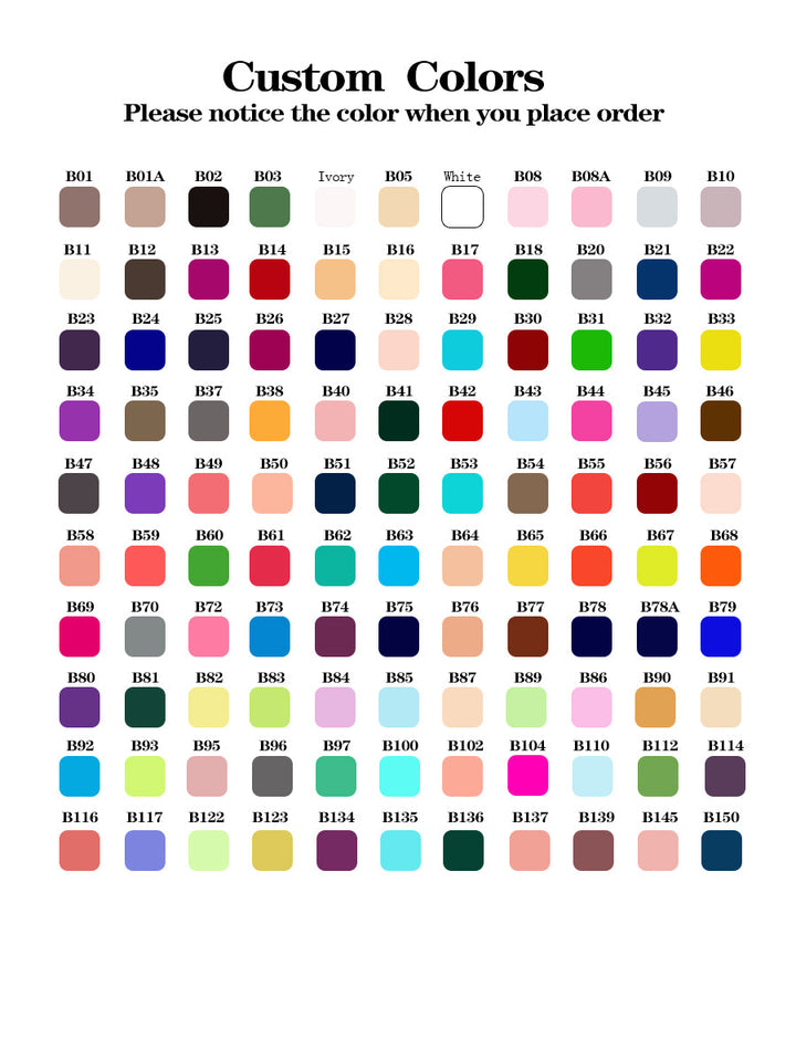 Custom color chart with various numbered fabric swatches, available for customization when ordering this black maternity gown.