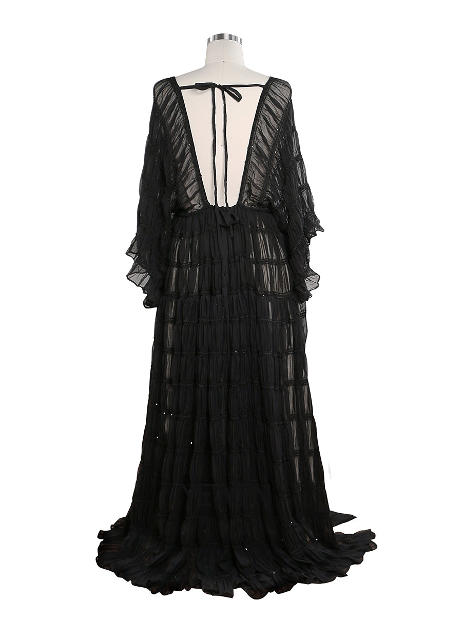Back view of black boho maternity photoshoot dress 2 piece set designed for elegant pregnancy photography