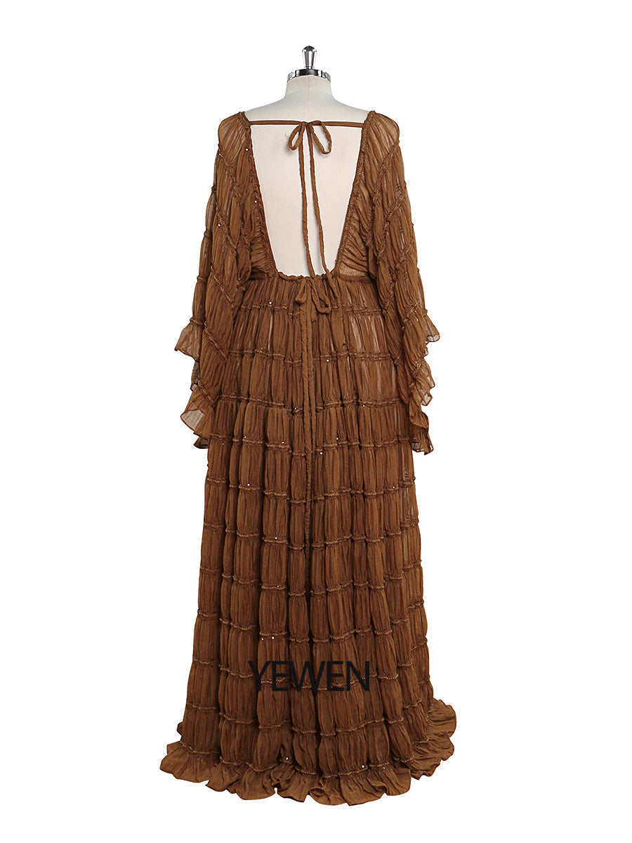 Back view of brown maternity photoshoot dress 2 piece set designed for elegant pregnancy photography