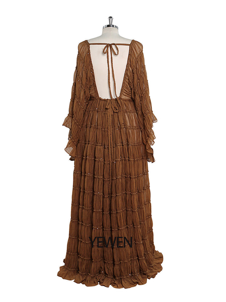 Back view of brown maternity photoshoot dress 2 piece set designed for elegant pregnancy photography