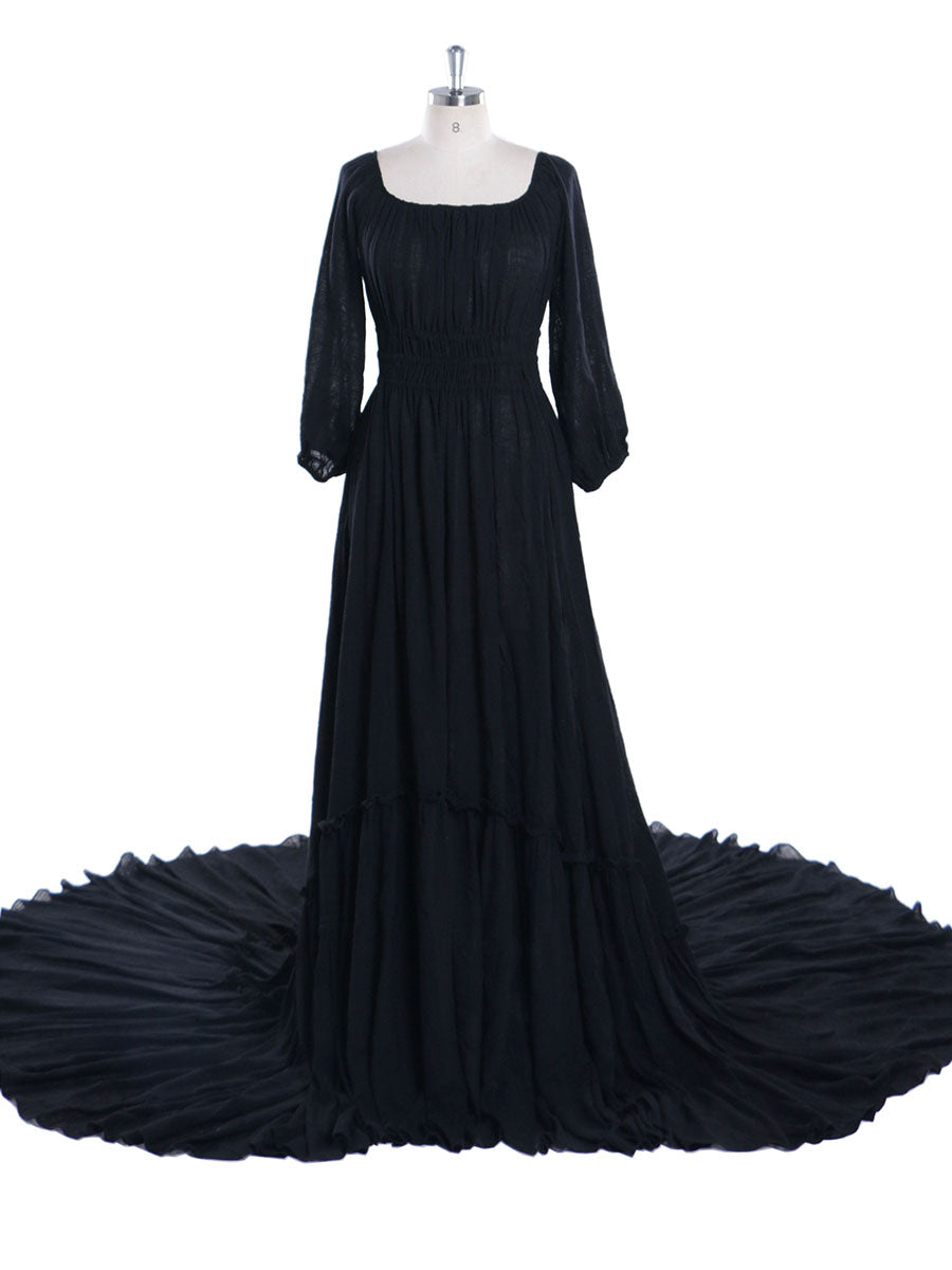 Back view of black boho maternity photoshoot dress designed for baby shower and maternity photography sessions