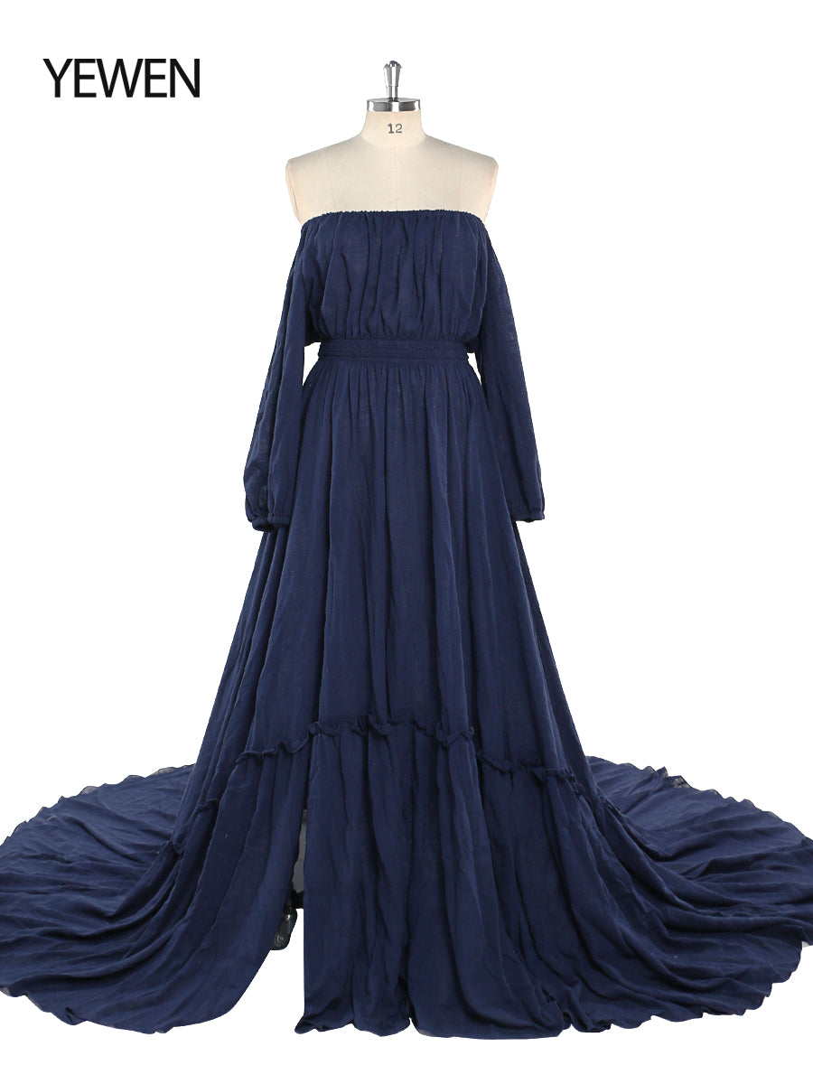 Back view of blue boho maternity photoshoot dress designed for baby shower and maternity photography sessions
