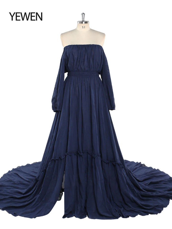 Back view of blue boho maternity photoshoot dress designed for baby shower and maternity photography sessions