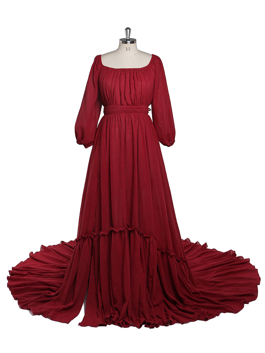 Elegant burgundy boho maternity photoshoot dress with off shoulder design, full sleeves, and round neck for baby shower photography