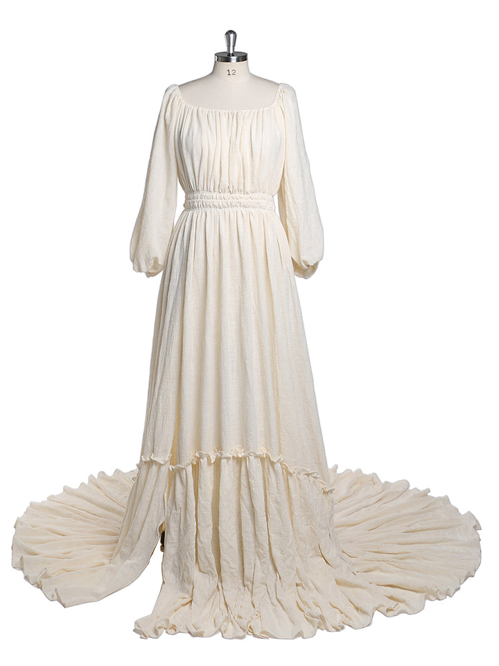 Back view of white boho maternity photoshoot dress designed for baby shower and maternity photography sessions