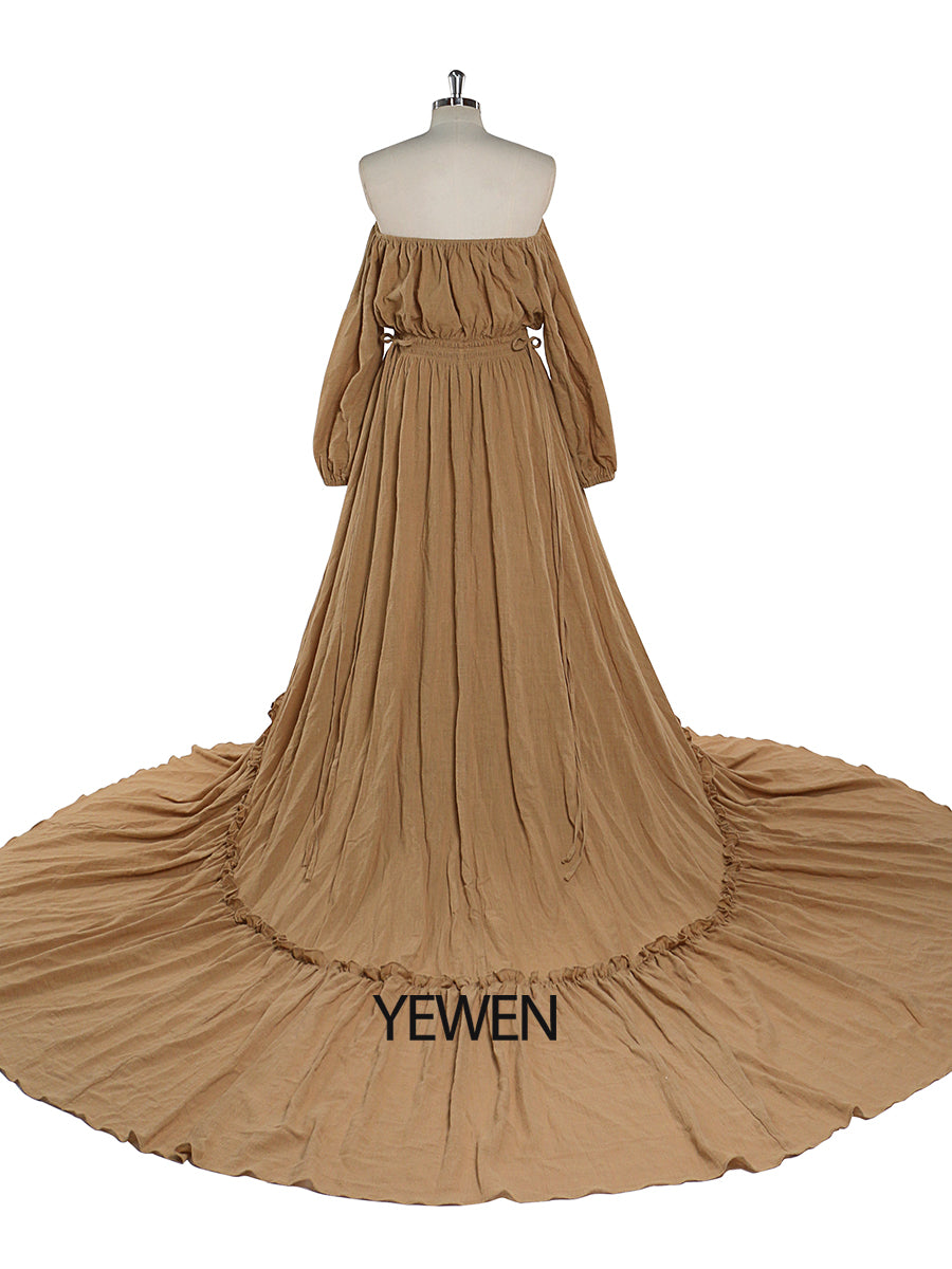 Back view of yellow boho maternity photoshoot dress designed for baby shower and maternity photography sessions