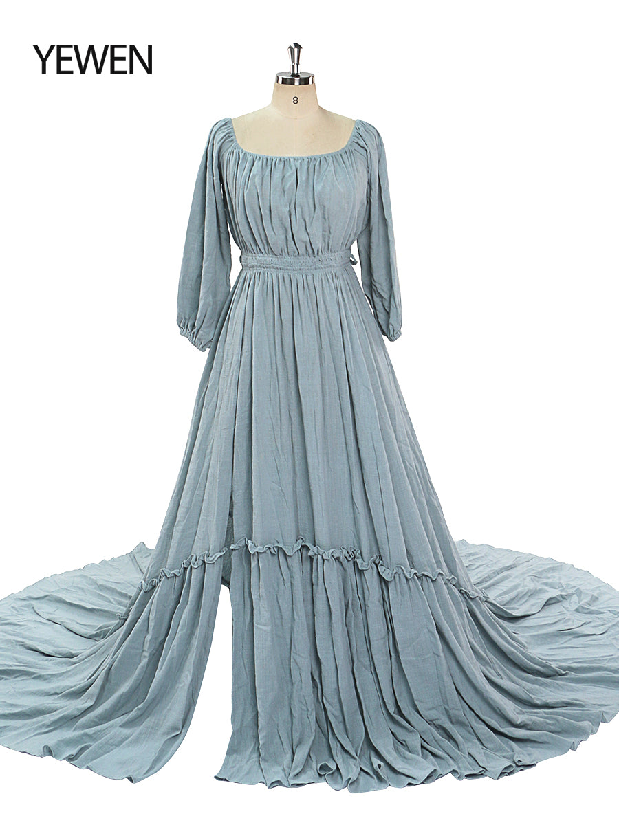 Back view of blue boho maternity photoshoot dress designed for baby shower and maternity photography sessions