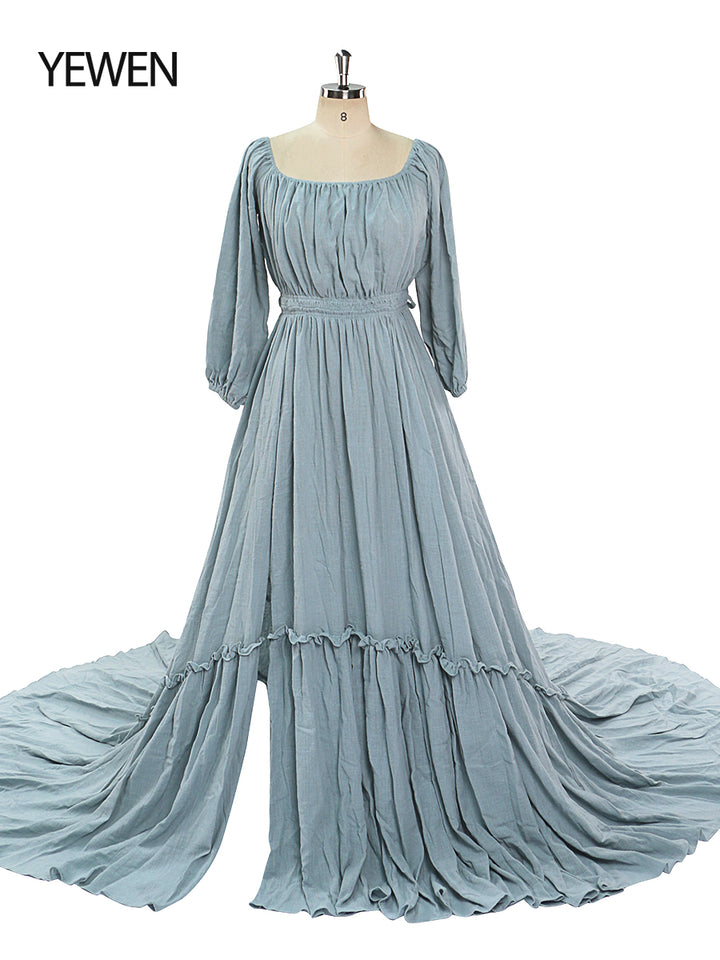 Back view of blue boho maternity photoshoot dress designed for baby shower and maternity photography sessions
