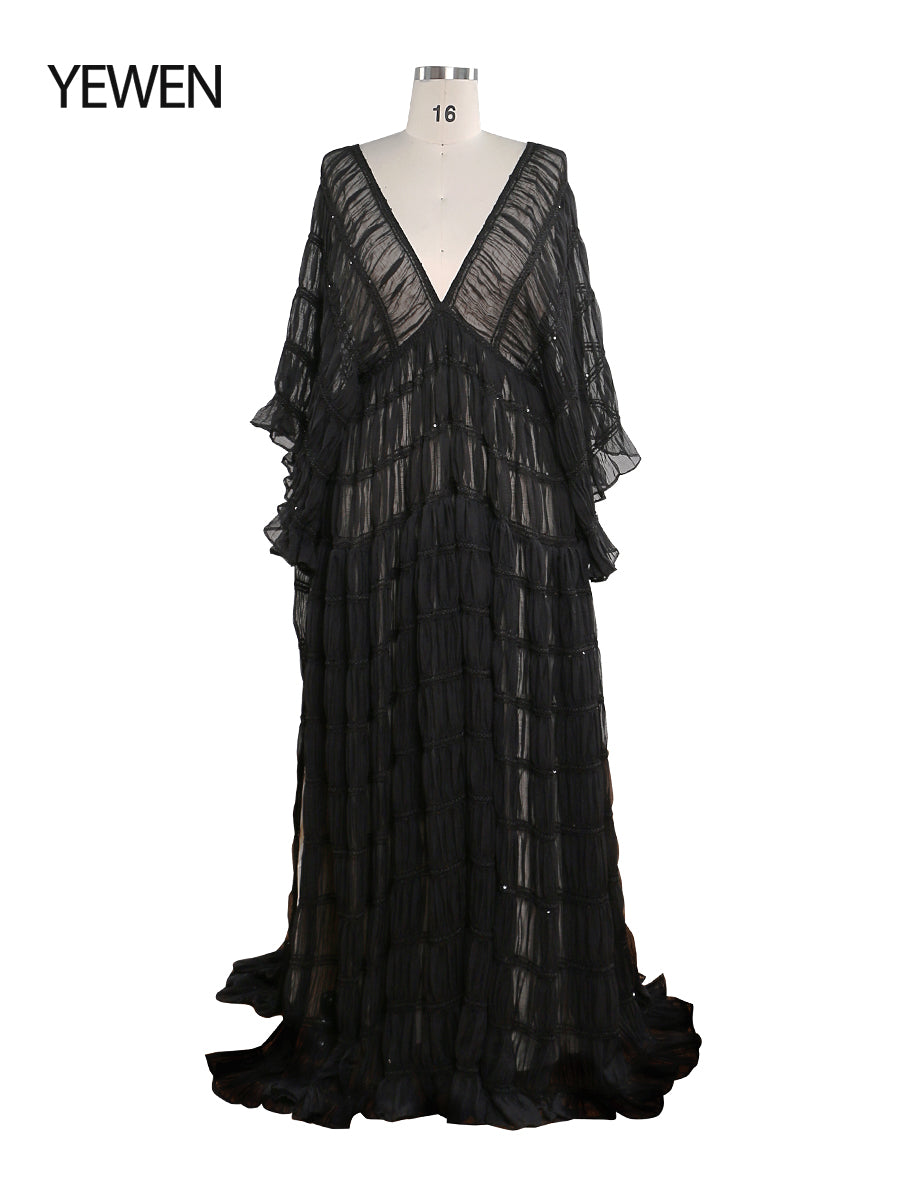 Front view of black boho maternity photoshoot dress 2 piece set with flowing slip silhouette for elegant maternity photography
