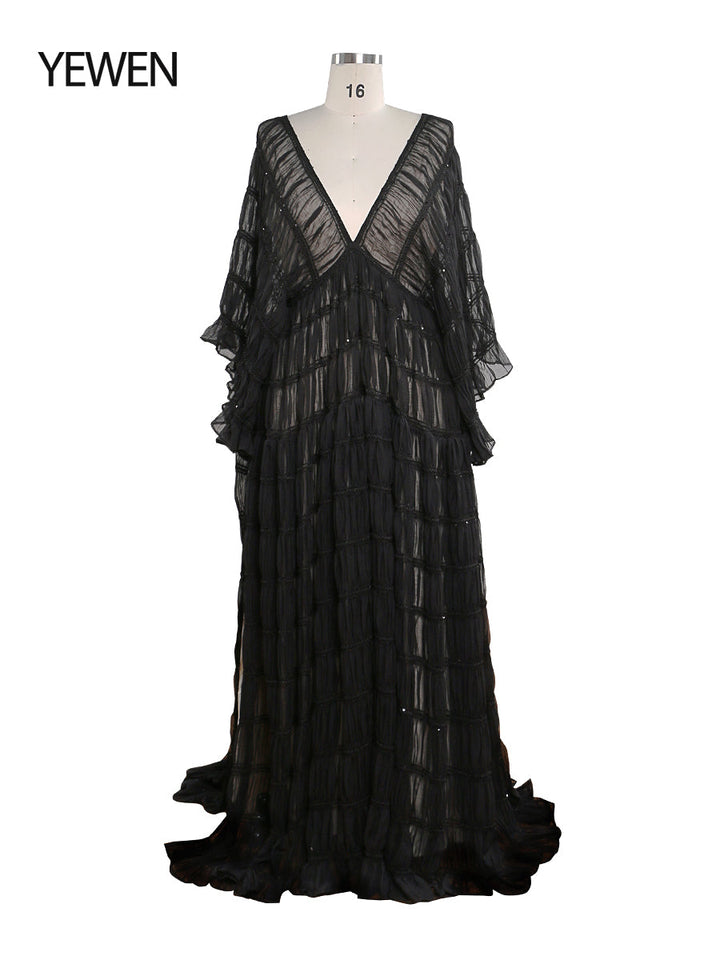 Front view of black boho maternity photoshoot dress 2 piece set with flowing slip silhouette for elegant maternity photography