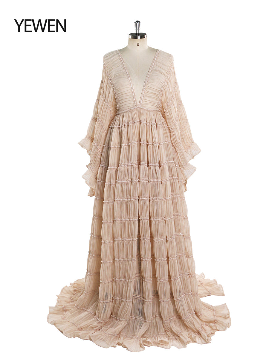 Front view of kahaki boho maternity photoshoot dress 2 piece set with flowing slip silhouette for elegant maternity photography
