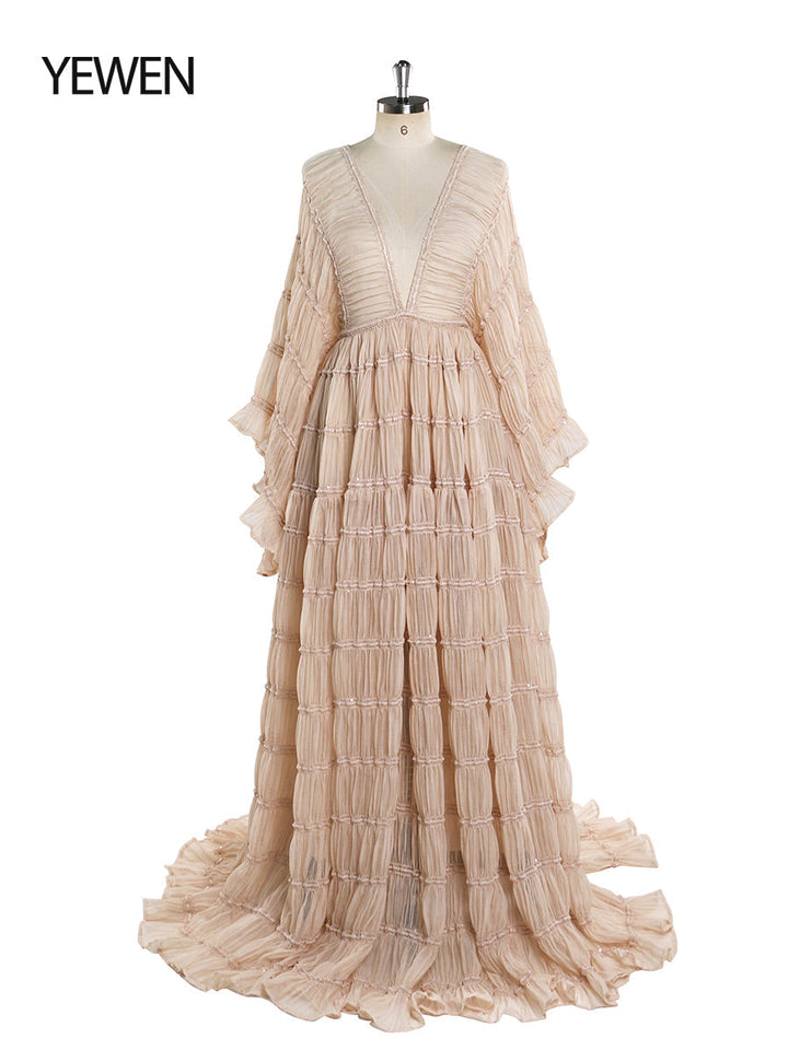 Front view of kahaki boho maternity photoshoot dress 2 piece set with flowing slip silhouette for elegant maternity photography