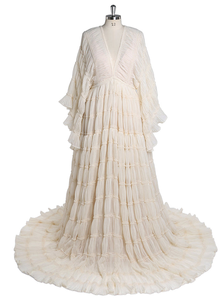 Front view of boho maternity photoshoot dress 2 piece set with flowing slip silhouette for elegant maternity photography