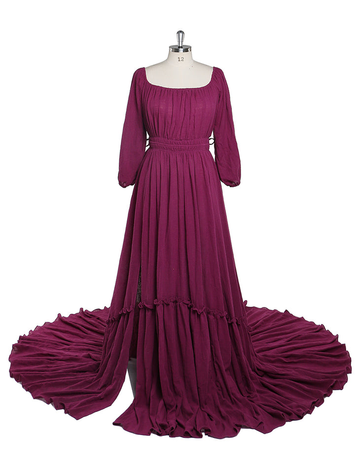 Rose red boho maternity photoshoot dress with off shoulder design, full sleeves, and round neck for baby shower photography
