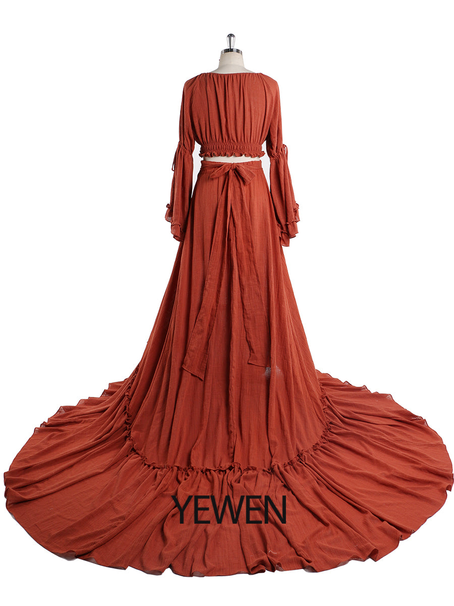 Back view of boho photoshoot dress 2 piece maternity gown designed for elegant photography sessions