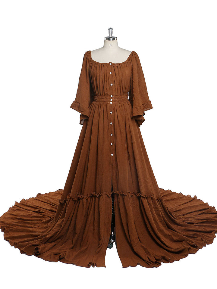 Back view of boho photoshoot dress with flare sleeves designed for elegant maternity photography