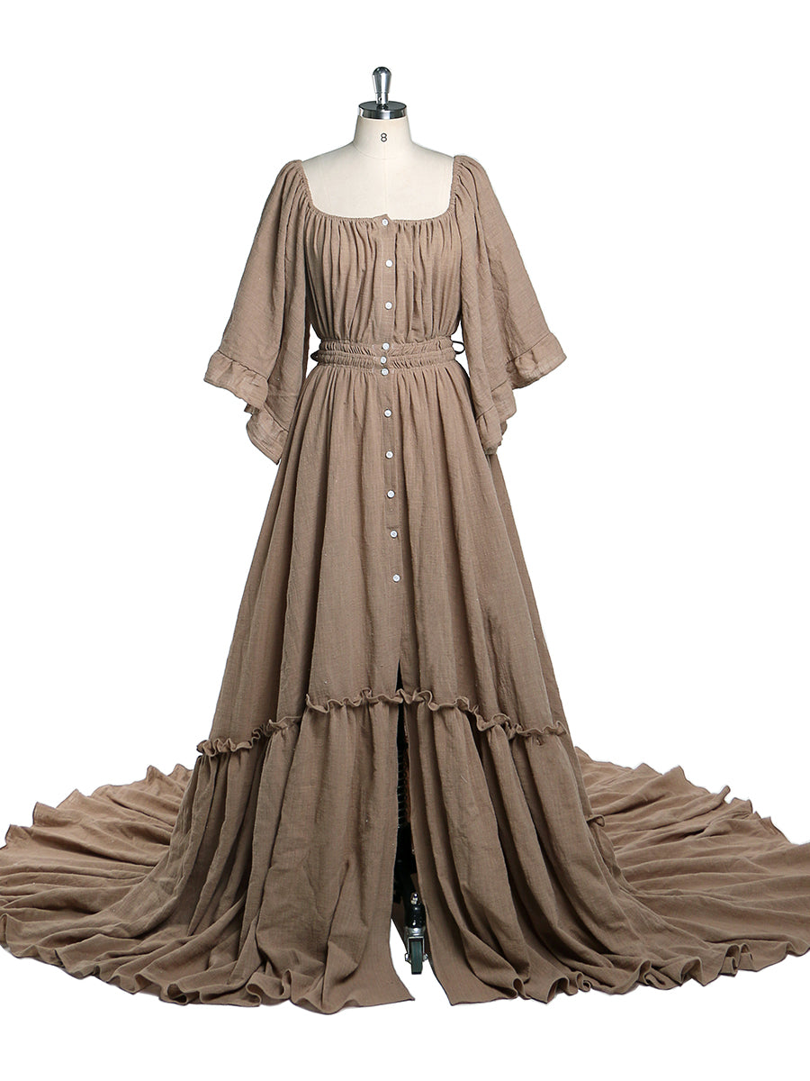 Back view of boho grey photoshoot dress with flare sleeves designed for elegant maternity photography