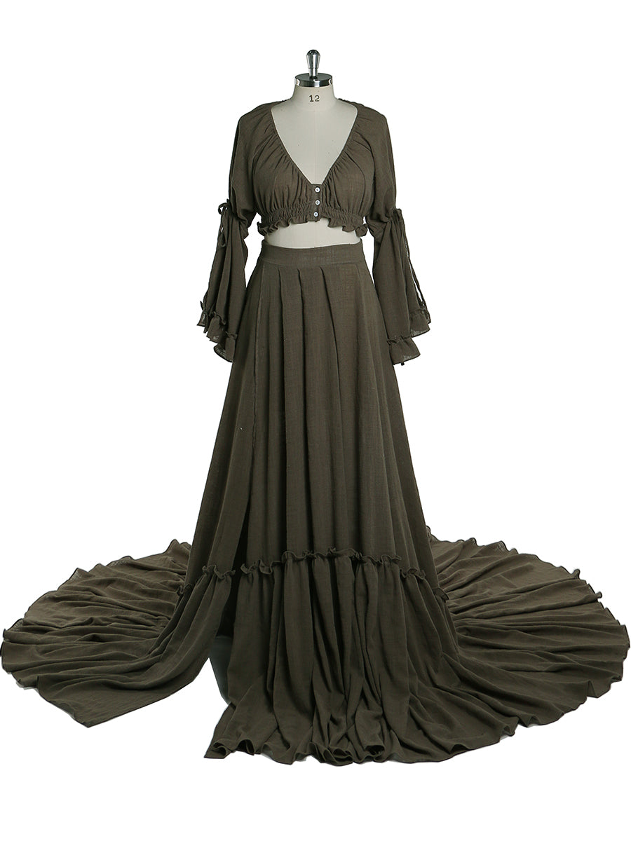 Front view of brown boho photoshoot dress designed for elegant maternity photography