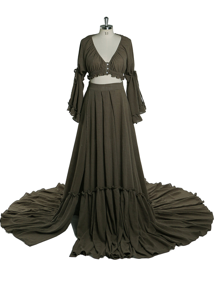 Front view of brown boho photoshoot dress designed for elegant maternity photography