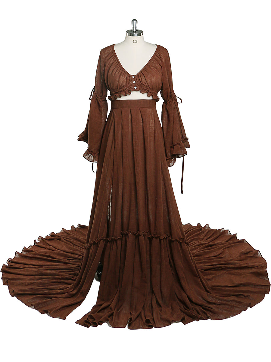 Dark bown boho photoshoot dress 2 piece maternity gown designed for baby shower photography