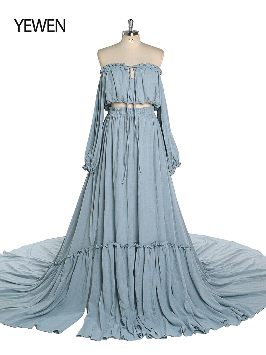 Front view of blue boho photoshoot dress 2 piece maternity set with flowing silhouette and stretch waist design