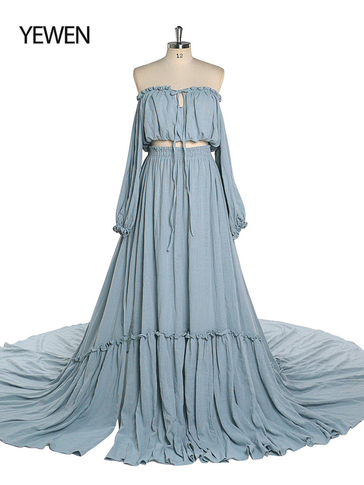 Front view of blue boho photoshoot dress 2 piece maternity set with flowing silhouette and stretch waist design