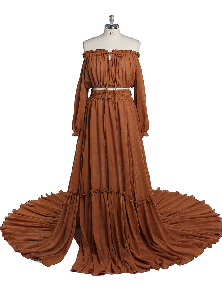 Front view of boho photoshoot dress 2 piece maternity set with flowing silhouette and stretch waist design