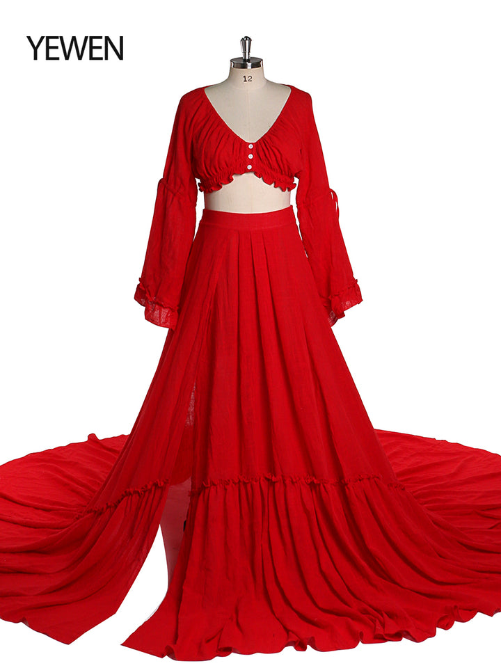 Lifestyle real shot of red boho photoshoot dress for natural maternity and baby shower photography