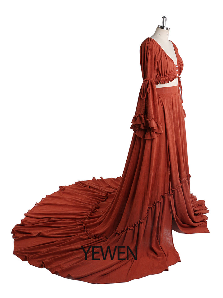 Side view of boho photoshoot dress showing flowing 2 piece maternity gown design for baby shower photography