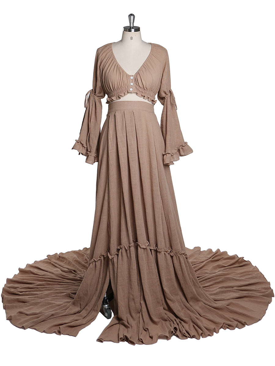 Brown boho photoshoot dress 2 piece maternity gown designed for baby shower photography