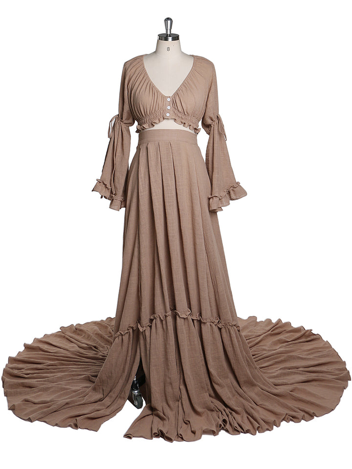 Brown boho photoshoot dress 2 piece maternity gown designed for baby shower photography