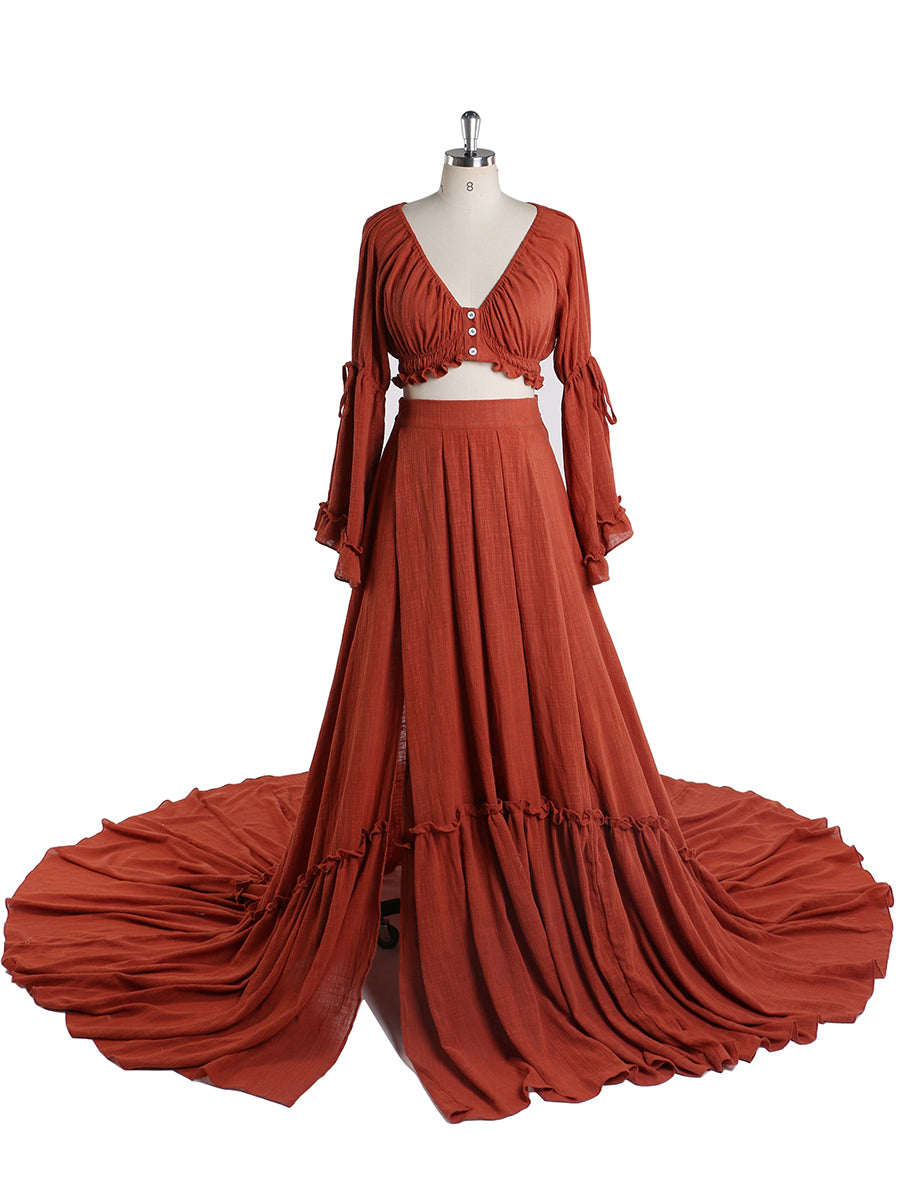 Front view of boho photoshoot dress 2 piece V-neck maternity gown for elegant pregnancy photography