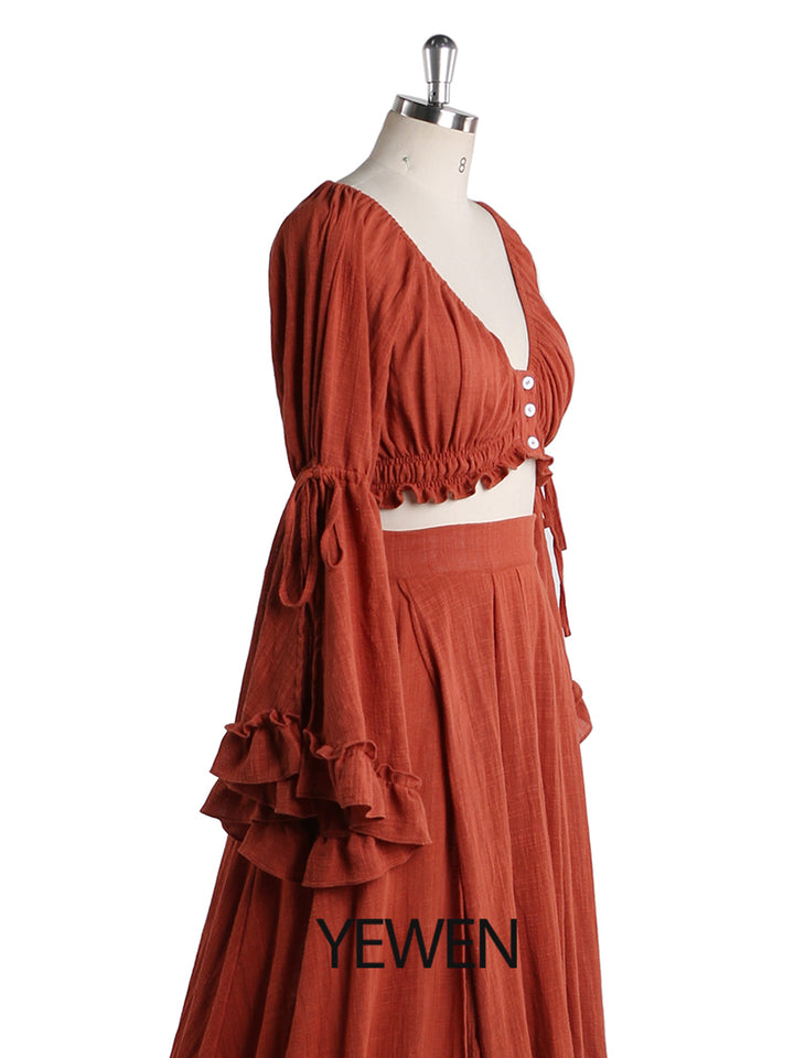 Close-up of V-neck design and soft fabric on boho photoshoot dress maternity 2 piece set