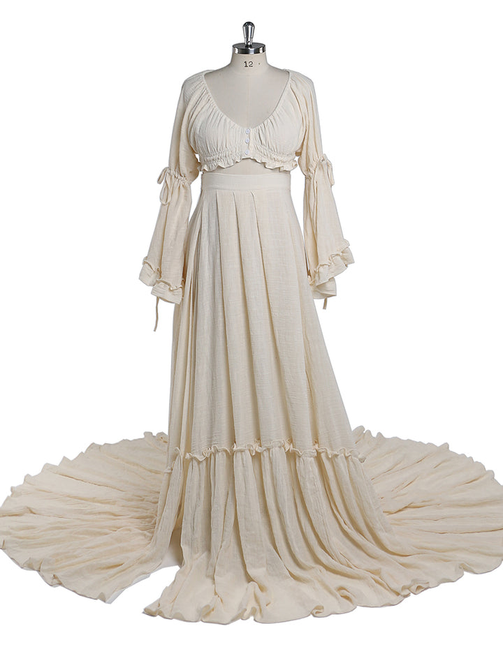 White boho photoshoot dress 2 piece maternity gown designed for baby shower photography