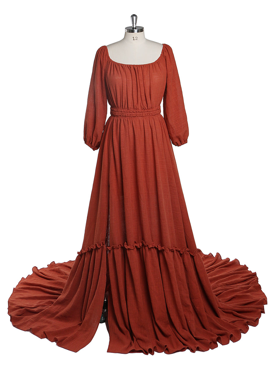 Elegant rust boho maternity photoshoot dress with off shoulder design, full sleeves, and round neck for baby shower photography